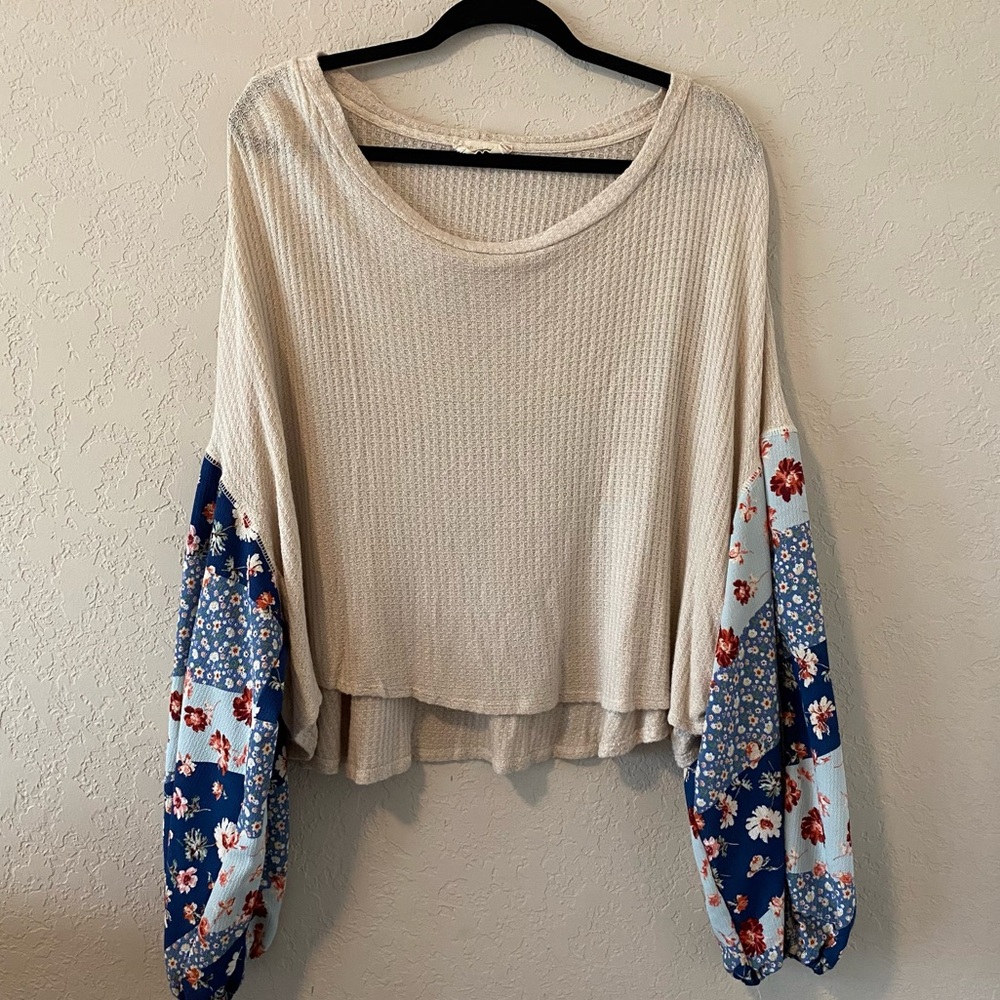 Altar'd State Cream and Blue Oversized Ballon Sleeves Blouse